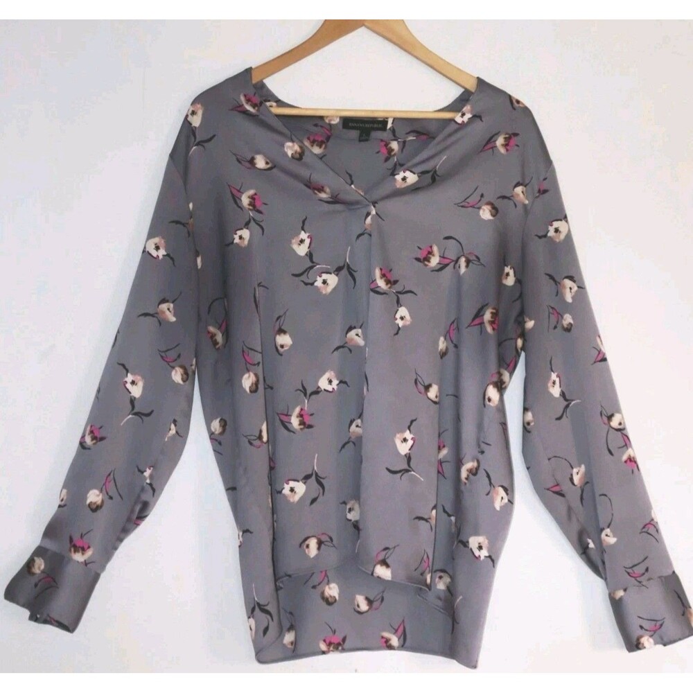 Banana Republic Gray Blue Boho Floral Blouse Long Sleeve Career Top Sz Large